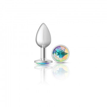 Cheeky Charms Round Clear Iridescent Small Silver Butt Plug